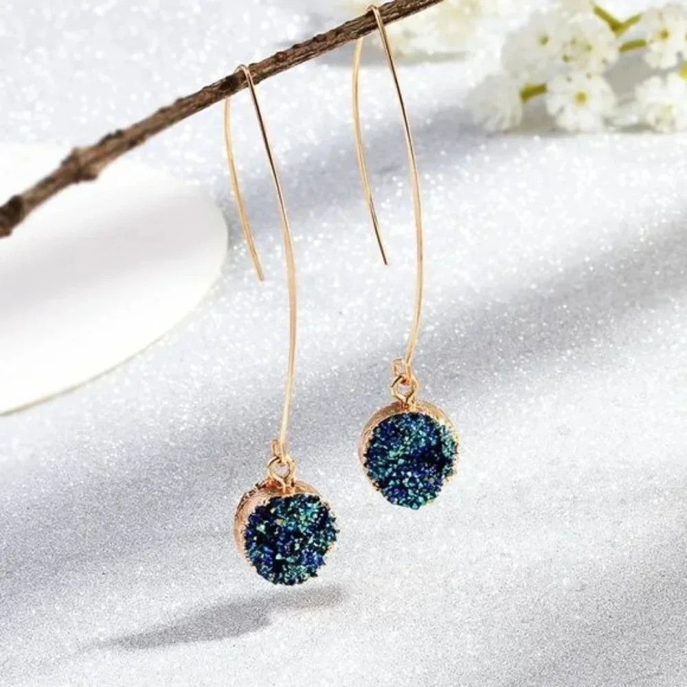 Druzy Charm Long Gold Marquise Earrings Oil Slick